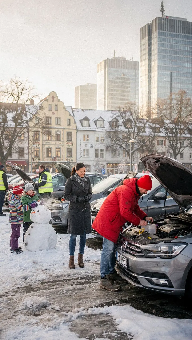 Techniker kontrolliert Autobatterie und Anschlüsse, um Startprobleme bei Kälte zu vermeiden.